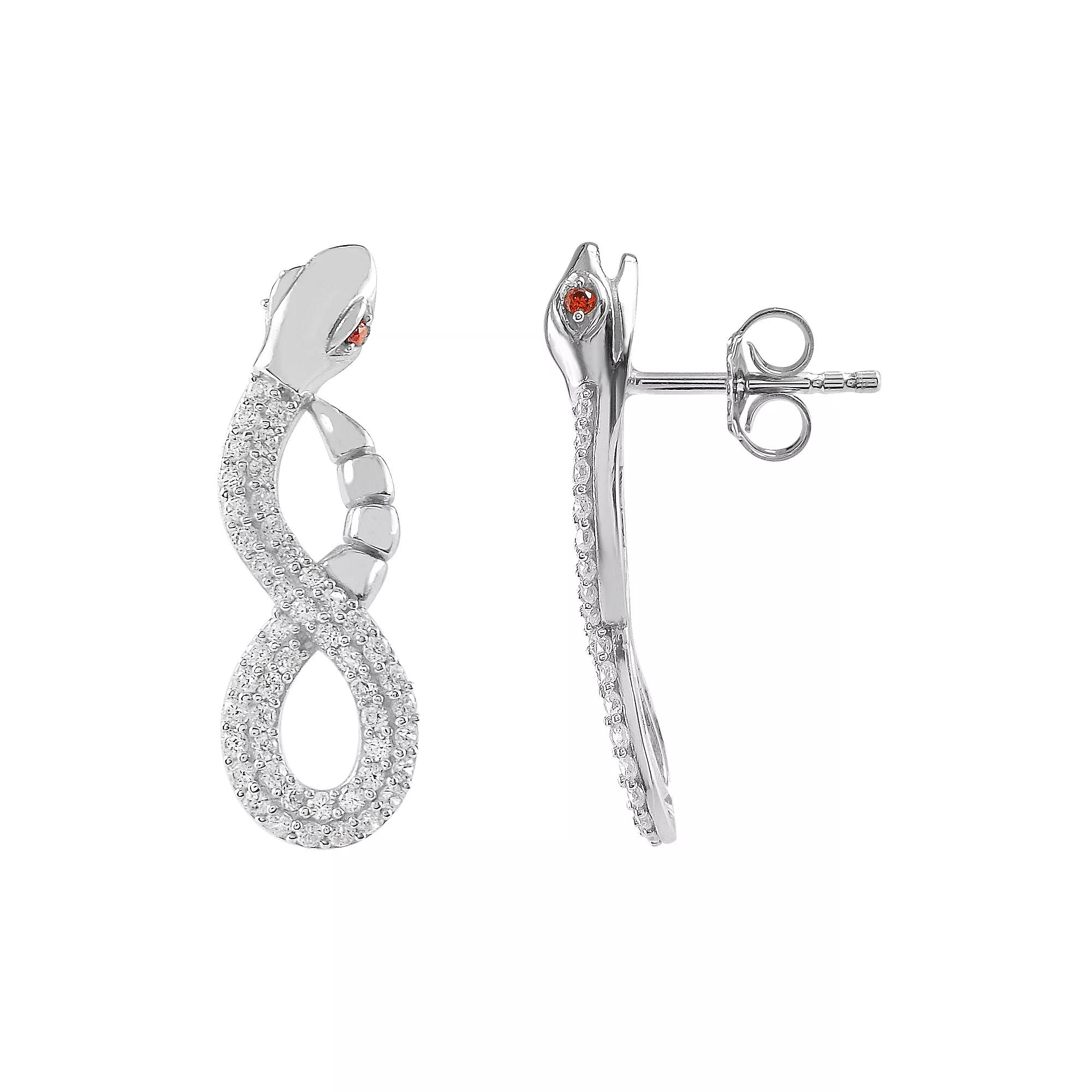 SIRI Sterling Silver Rhodium Plated White Cubic Zirconia & Garnet Cubic Zirconia On Eyes Serpent Dangle Post Earrings, Women's Product Image