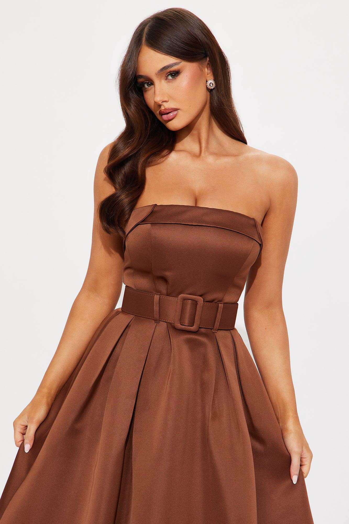 Arabella Belted Satin Midi Dress - Chocolate Female Product Image