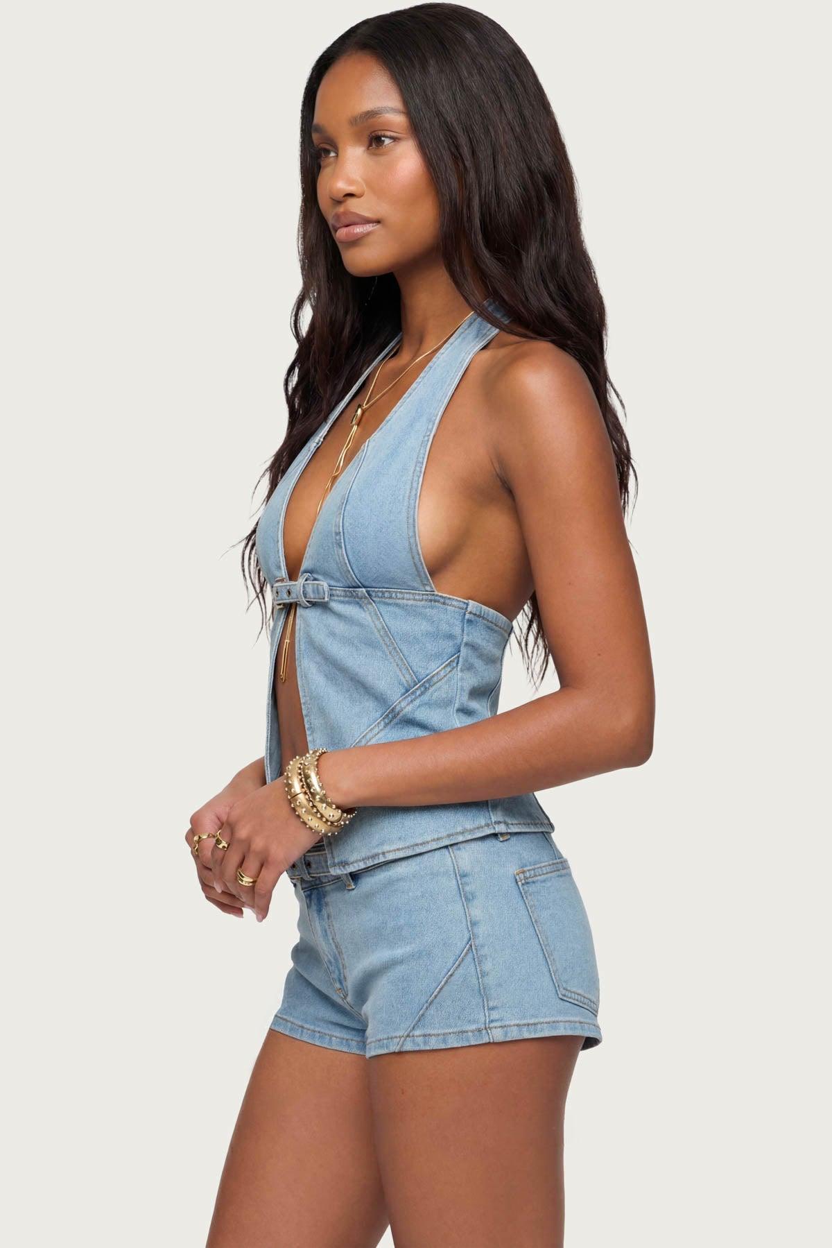 Ciel Split Front Denim Halter Top Product Image