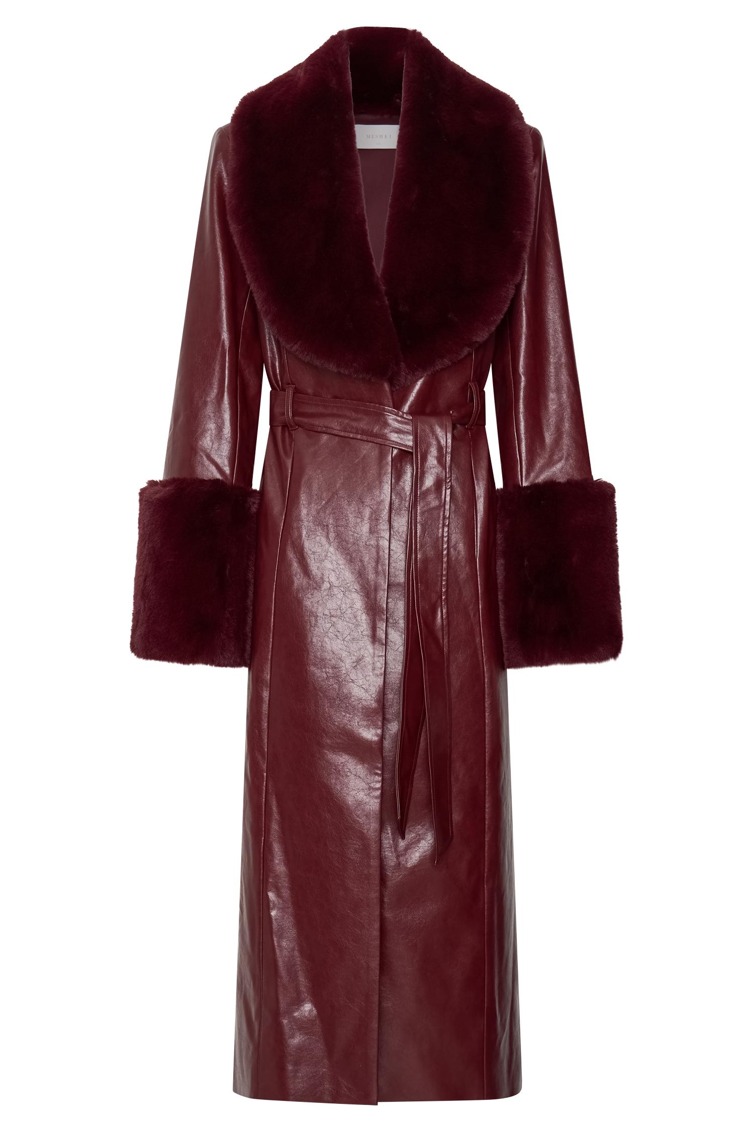 Bec Faux Leather Trench Coat With Faux Fur - Cherry Red Product Image