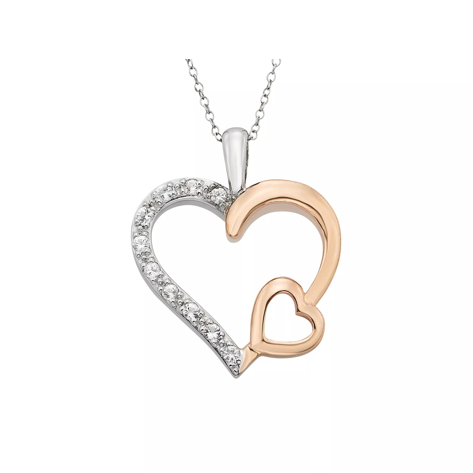 Lab-Created White Sapphire Sterling Silver Two Tone Double Heart Pendant Necklace, Women's Product Image