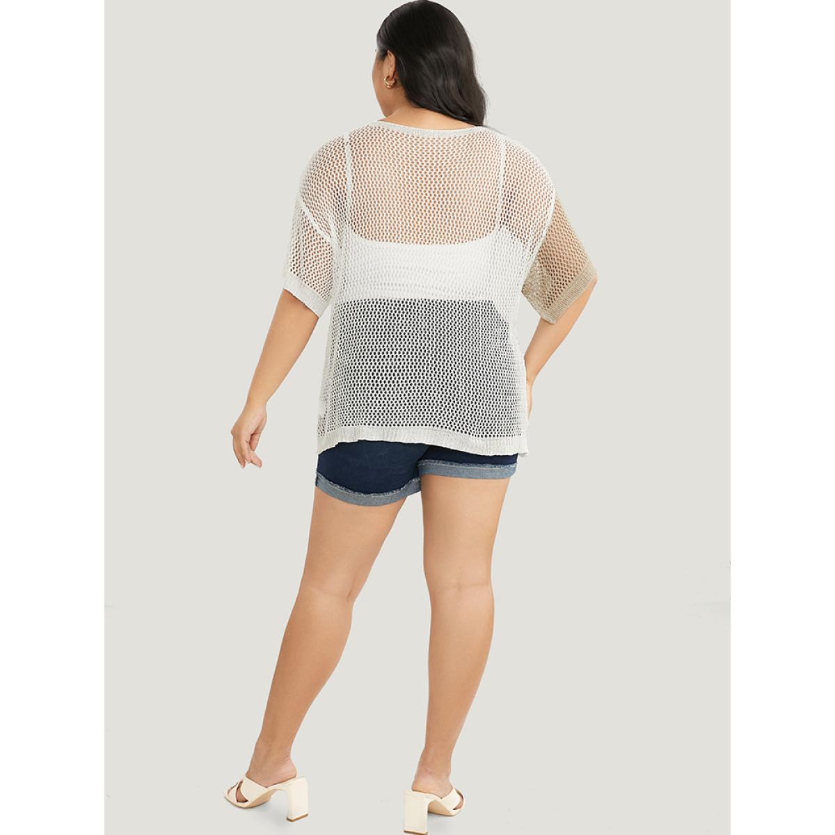 Plus Size Colorblock Contrast Hollow Out Batwing Sleeve Knit Top Multicolor Women Elegant Short sleeve Round Neck Dailywear Pullovers BloomChic 12/L Product Image