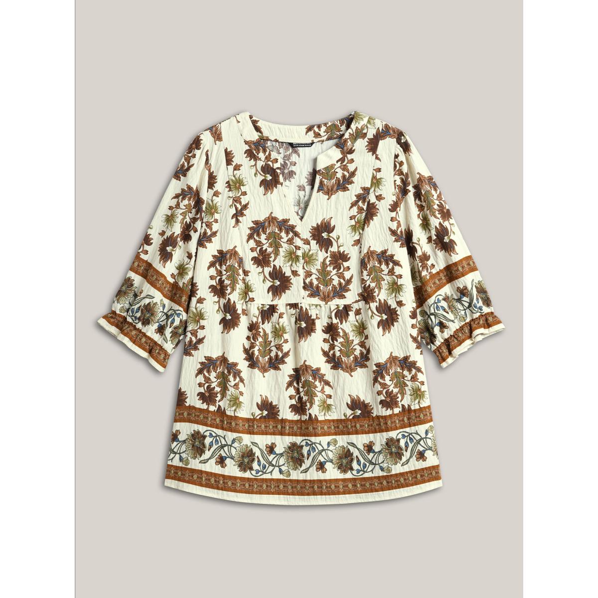 Plus Size Ivory Floral Print Notched Collar Shirt Women Elegant Elbow-length sleeve Notched collar Everyday Blouses BloomChic 12/L Product Image