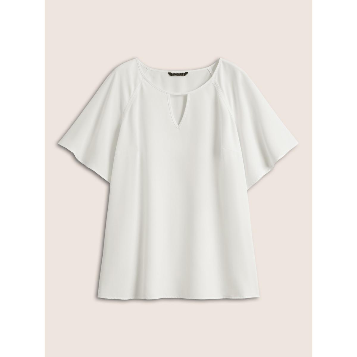 Plus Size Ivory Solid Lace Panel Keyhole Ruffle Sleeve Blouse Women Work From Home Short sleeve Round Neck Work Blouses BloomChic 28/5X Product Image