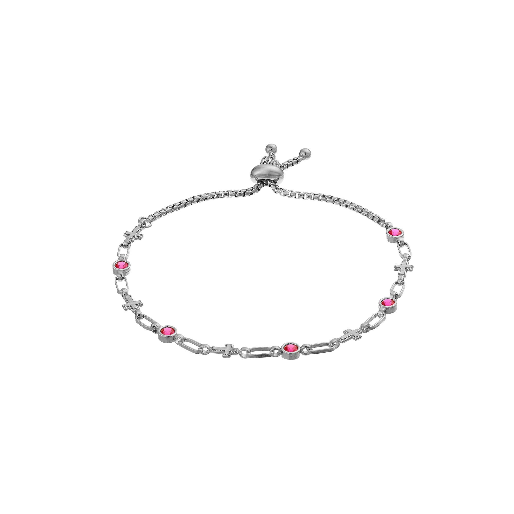 Kristen Kesho Sterling Silver Lab-Created Ruby & Cross Link Adjustable Bolo Bracelet, Women's, Size: 9.50 Product Image