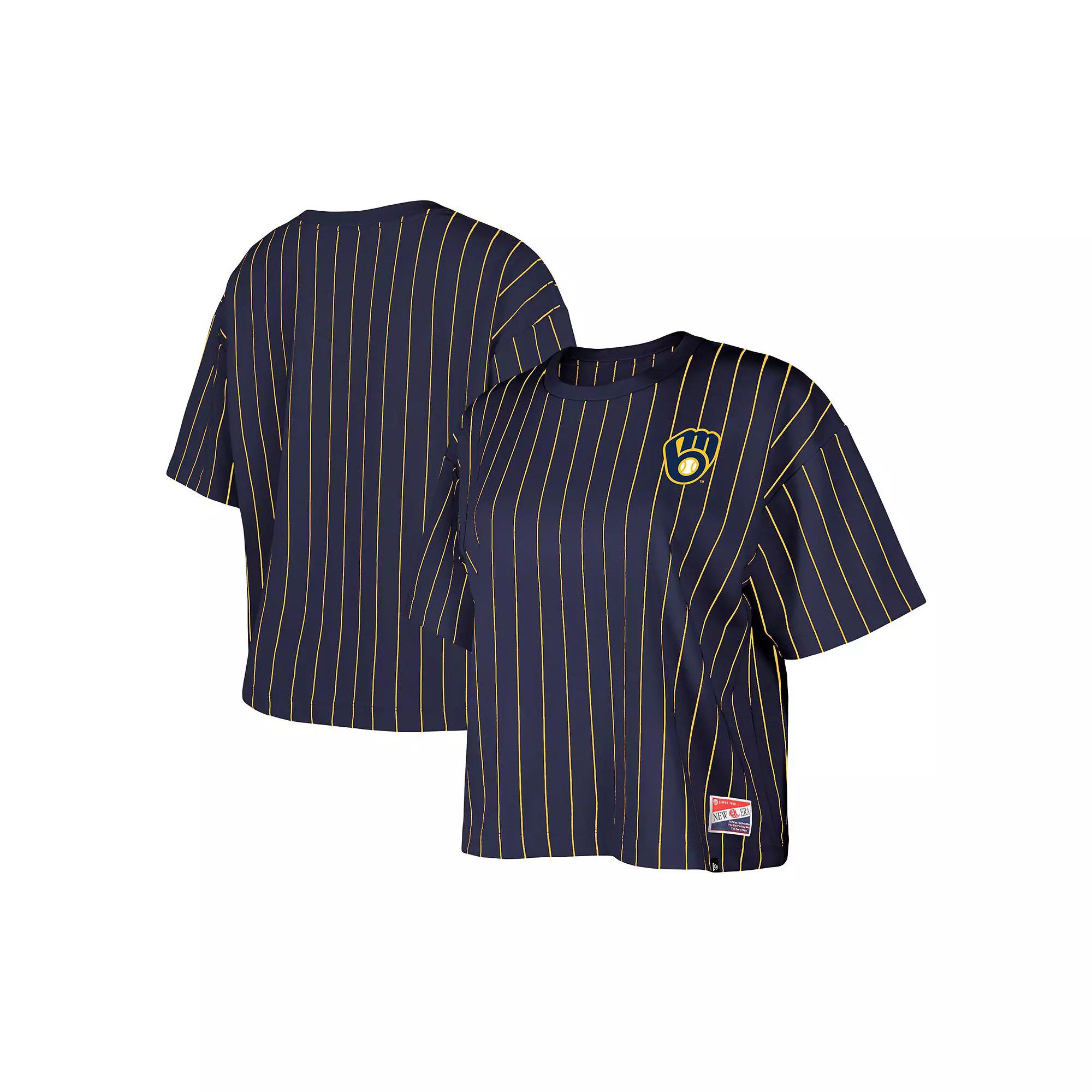 Women's New Era Navy Milwaukee Brewers Boxy Pinstripe T-Shirt, Size: Small, Blue Product Image