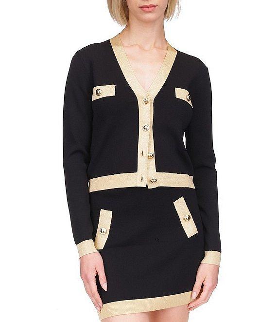 Michael Kors Metallic Trim V-Neck Long Sleeve Gold Button Cardigan Product Image
