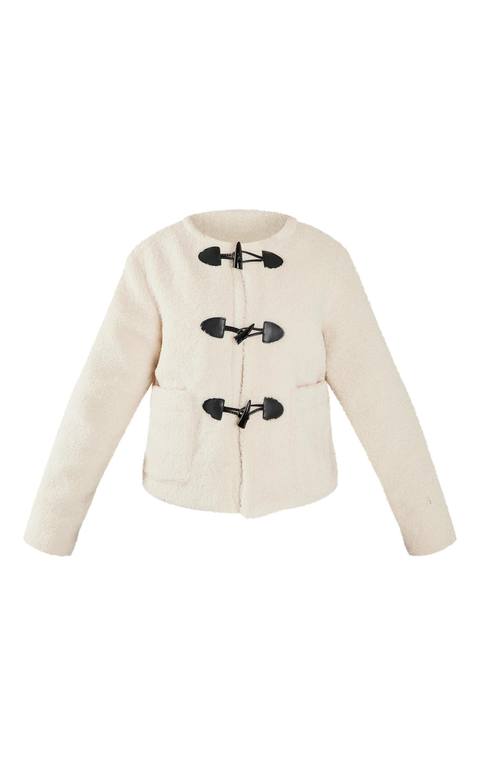 Petite Cream Borg Longline Clasp Detail Jacket Product Image