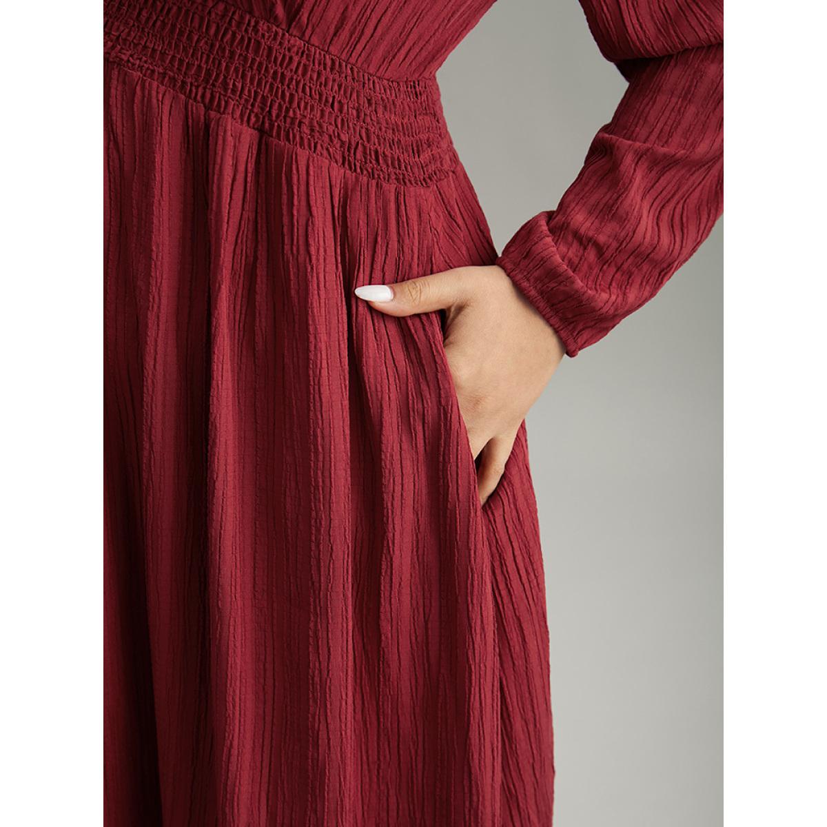 Plus Size Solid Plisse Button Detail Shirred Dress Scarlet Women Elegant Elastic cuffs V-neck Long Sleeve Curvy Midi Dress BloomChic 22-24/3X Product Image