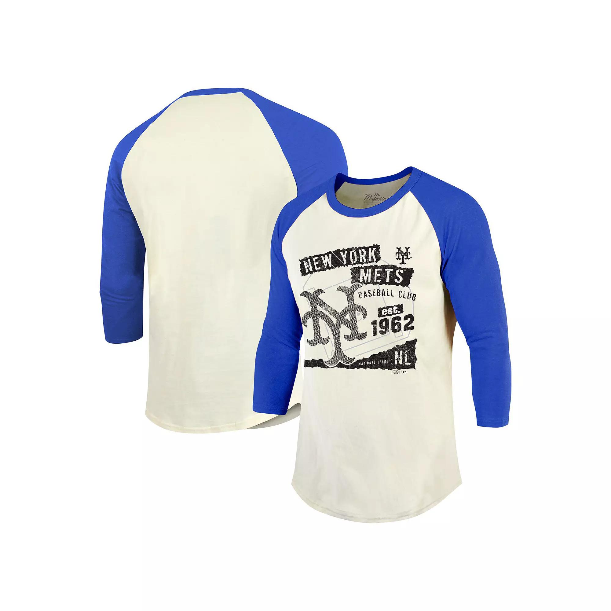 Men's Majestic Threads Cream/Royal New York Mets Raglan 3/4-Sleeve T-Shirt, Size: 2XL, Beige Product Image