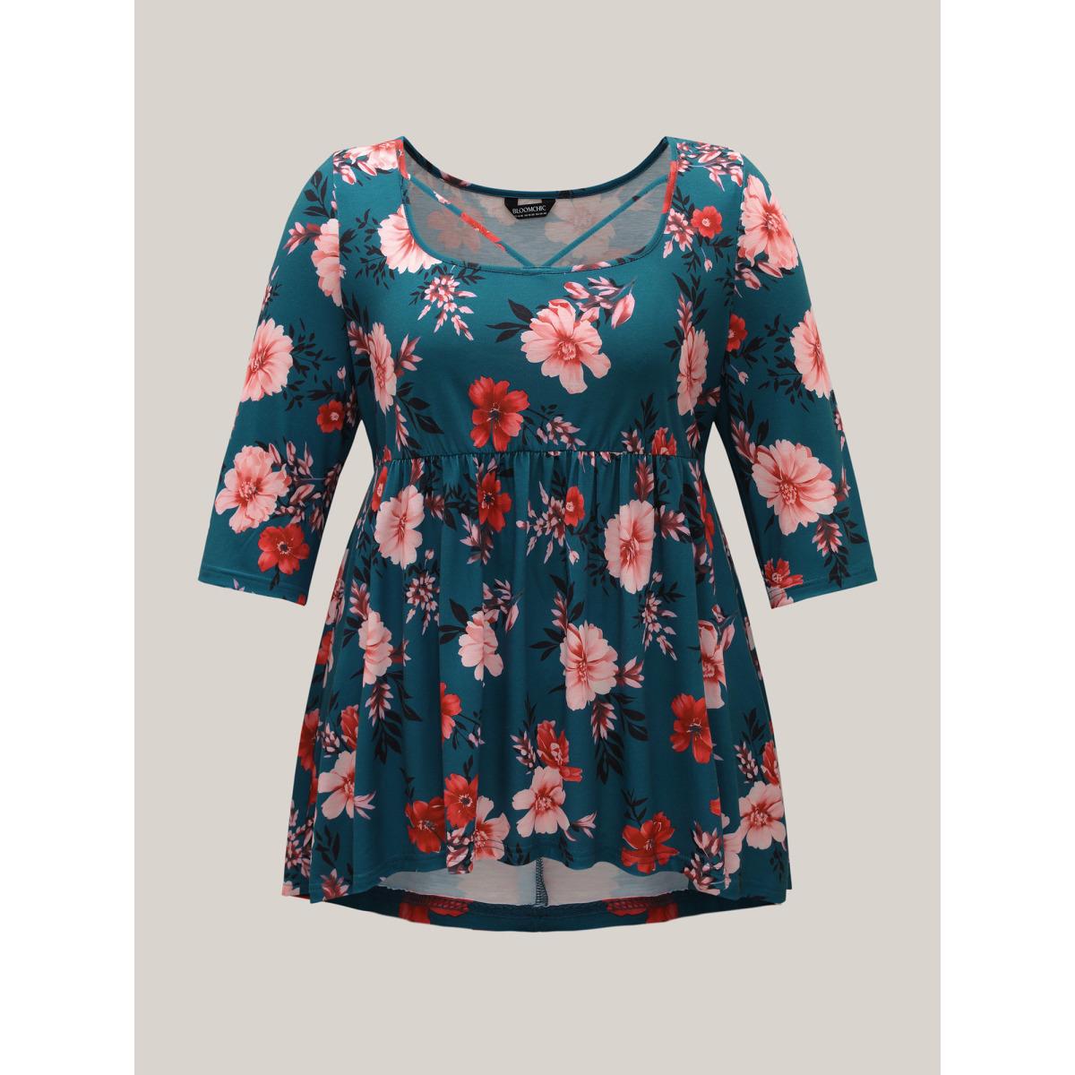 Plus Size Floral Print Neck Cut-Out Babydoll Top Multicolor Women Elegant Gathered Natural Flowers Square Neck Bodycon Everyday T-shirts BloomChic 10/M Product Image