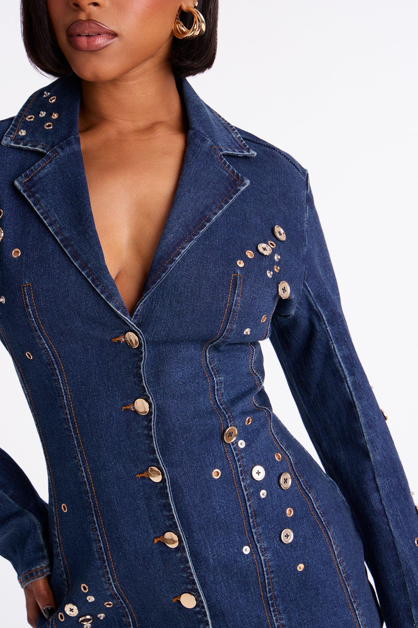 Gold Standard Embellished Denim Mini Dress - Denim Female Product Image