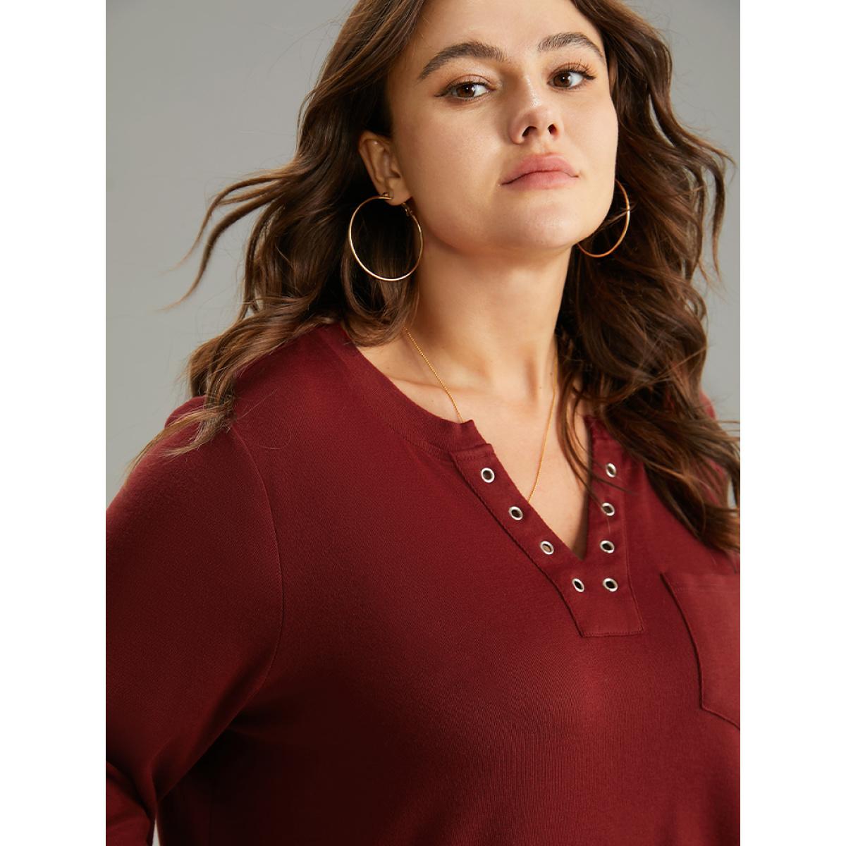 Plus Size Supersoft Essentials Solid Eyelets Notched T-shirt Scarlet Women Casual Plain Plain Notched collar Dailywear T-shirts BloomChic 26/4X Product Image
