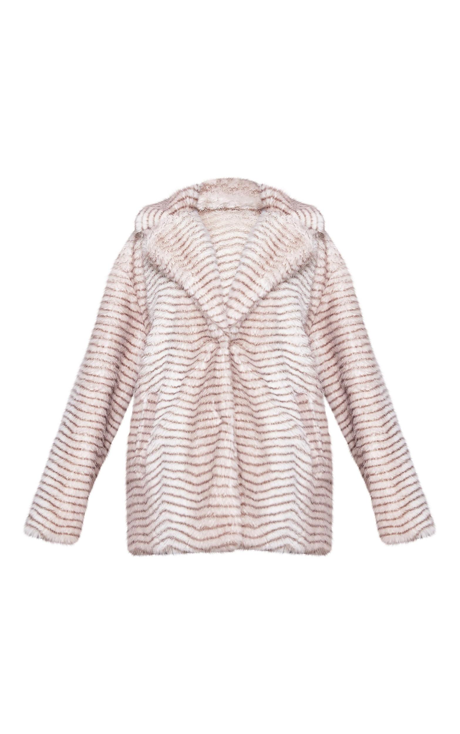 Cream Stripe Faux Fur Collar Detail Coat Product Image