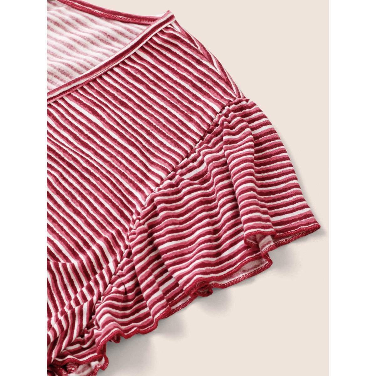 Plus Size Striped Surplice Neck Ruffle Cap Sleeve Dress Russet Women Casual Non Overlap Collar Cap Sleeve Curvy Midi Dress BloomChic 30/6X Product Image