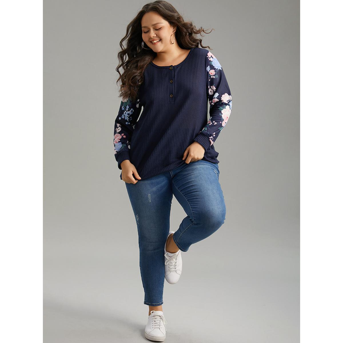 Plus Size Waffle Knit Floral Patchwork Button Up T-shirt Blue Women Casual Printed Floral Open Front Loose Dailywear T-shirts BloomChic 22-24/3X Product Image