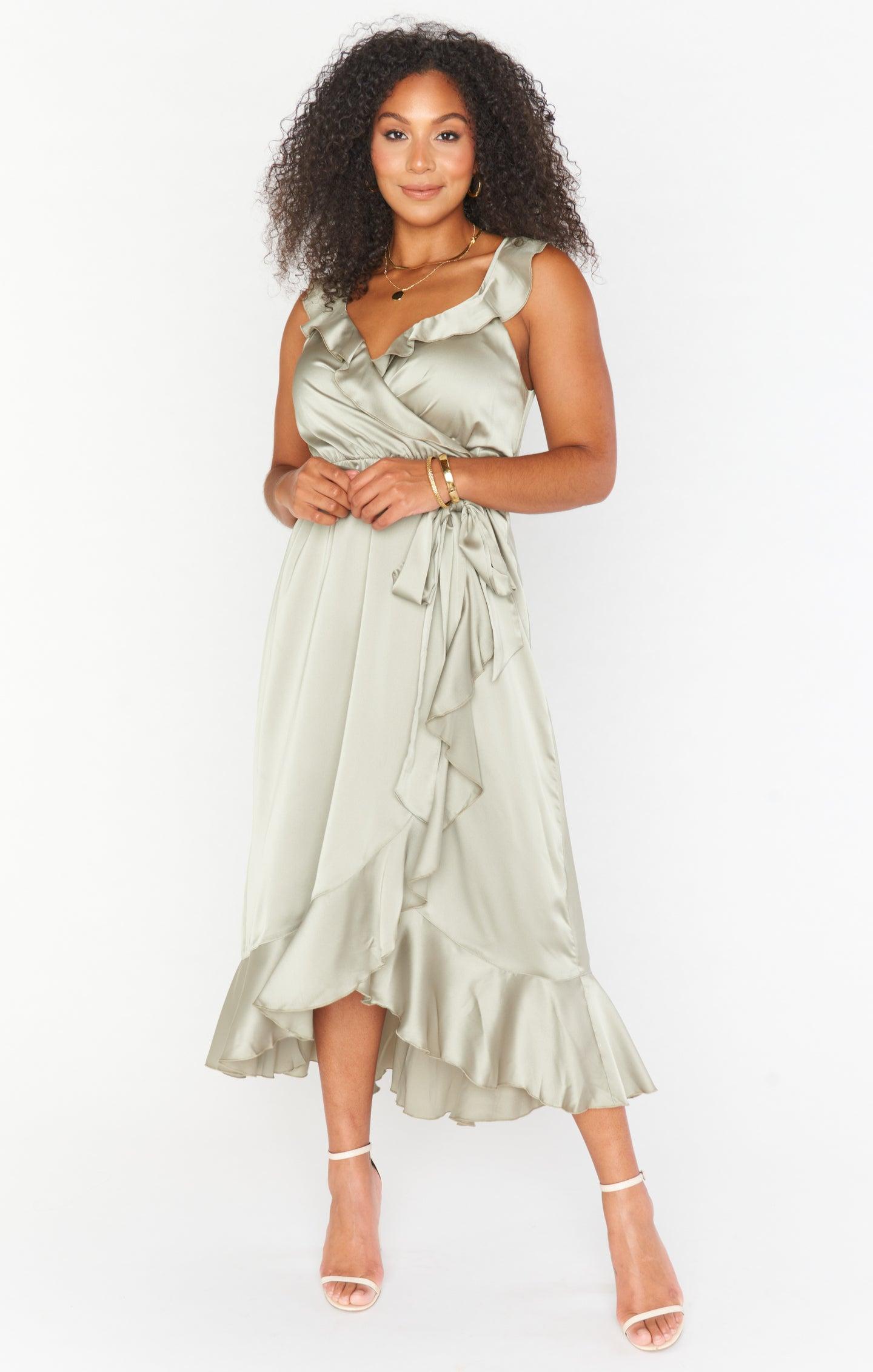 Samantha Ruffle Wrap Dress ~ Moss Green Luxe Satin Product Image