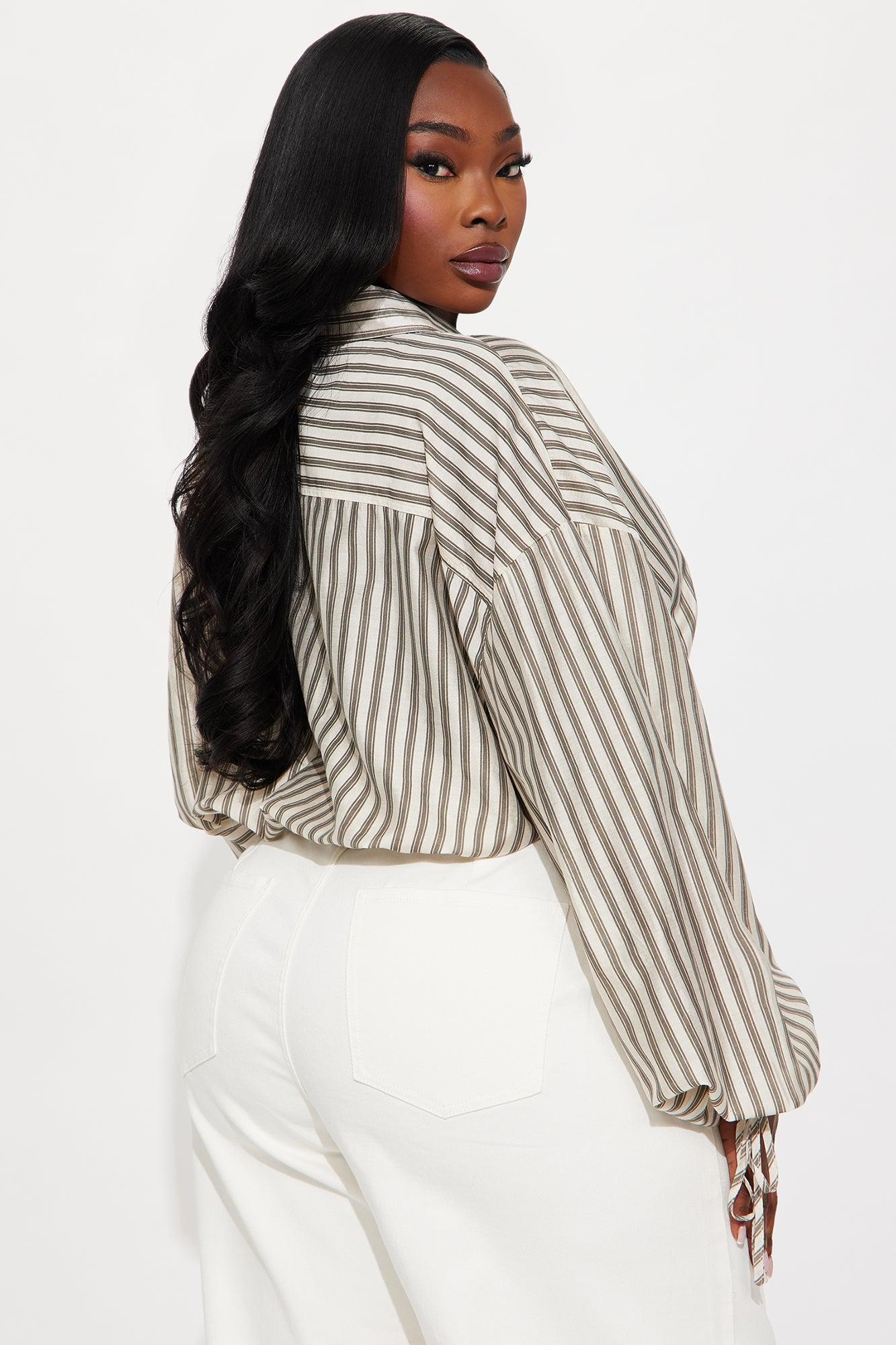 Karena Striped Button Up Shirt - Taupe/combo Female Product Image