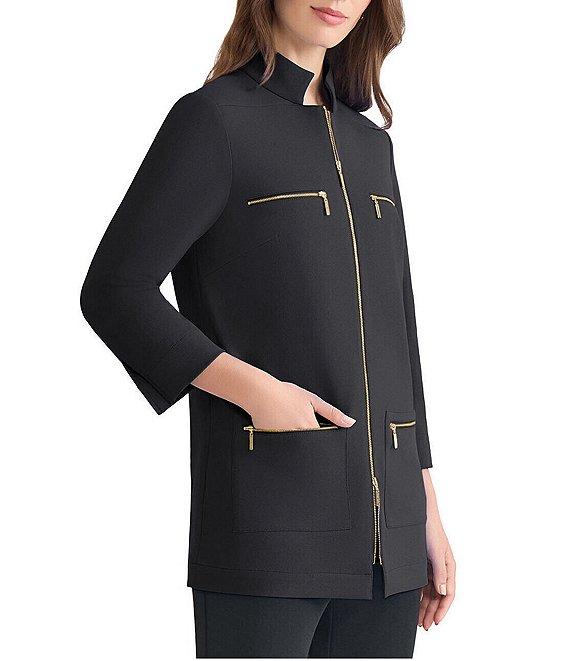 Ming Wang Stretch Crepe Stand Collar Bracelet Sleeve Zip Front Utility Jacket Product Image