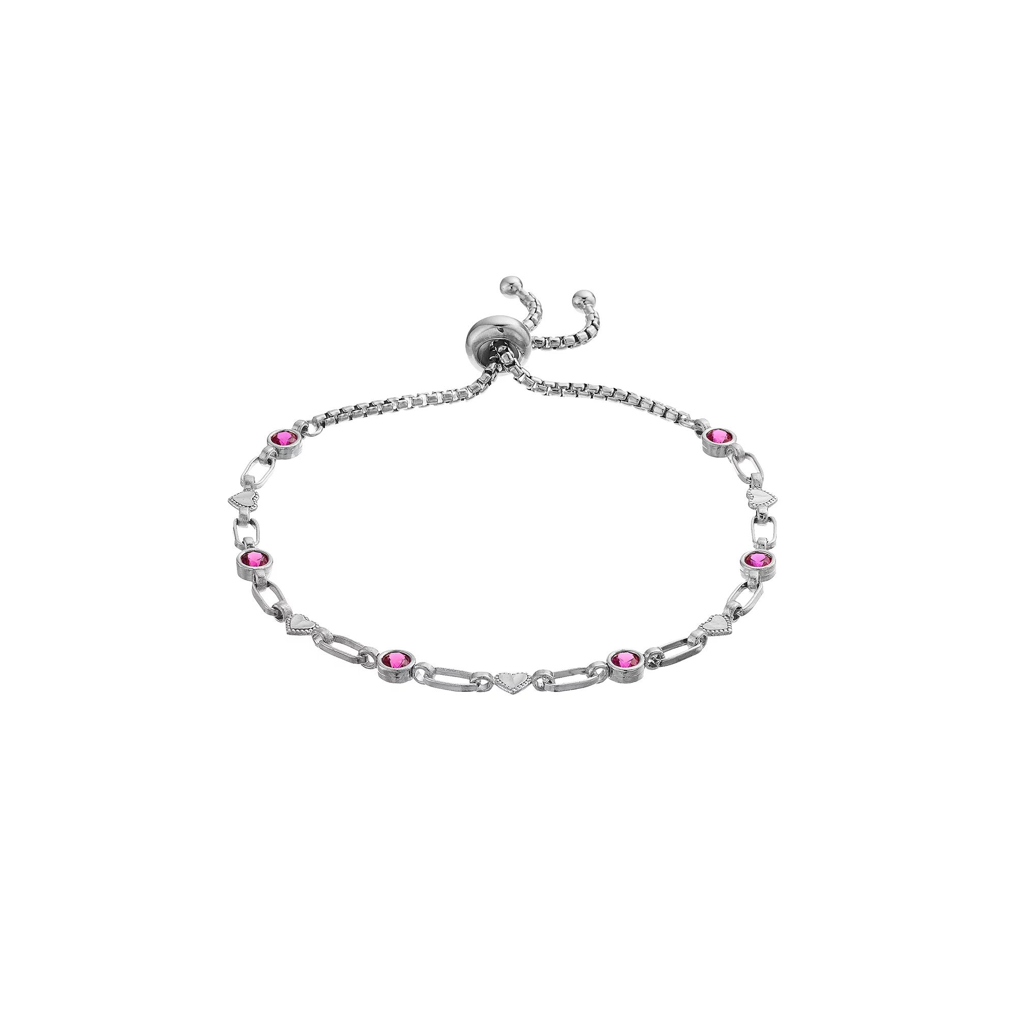 Kristen Kesho Sterling Silver Lab-Created Ruby & Heart Link Adjustable Bolo Bracelet, Women's, Size: 9.50 Product Image