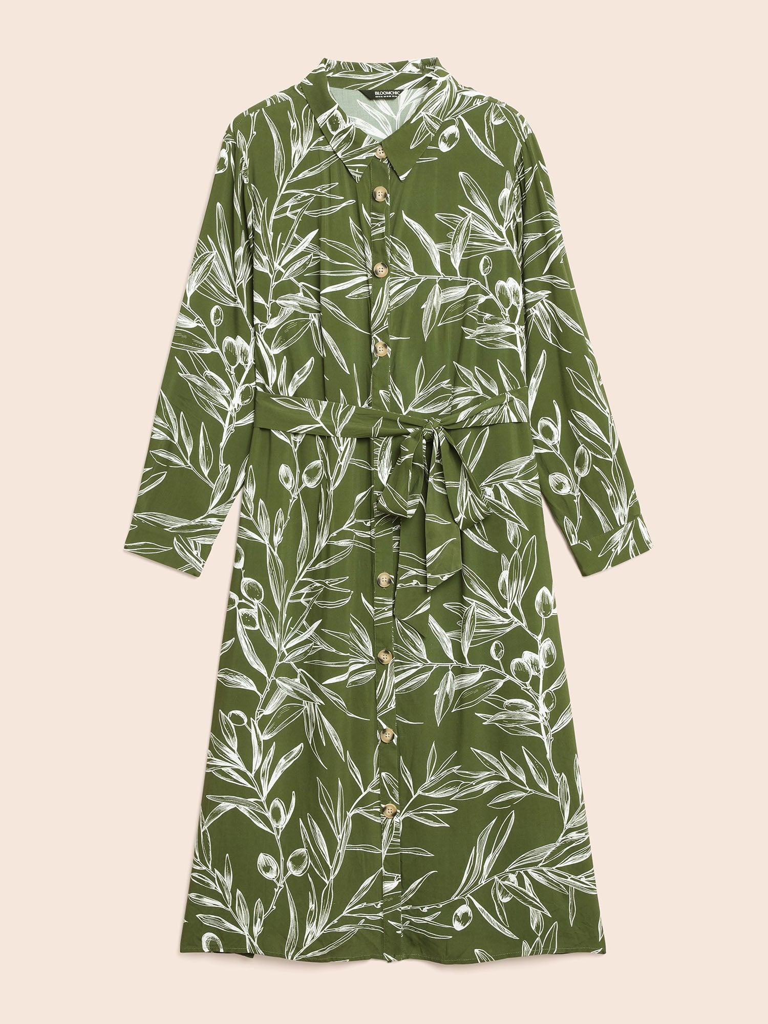 Shirt Collar Plants Print Belted Dress Female Product Image