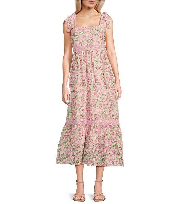 Blu Pepper Floral Print Tie Shoulder Square Neck Midi Dress Product Image