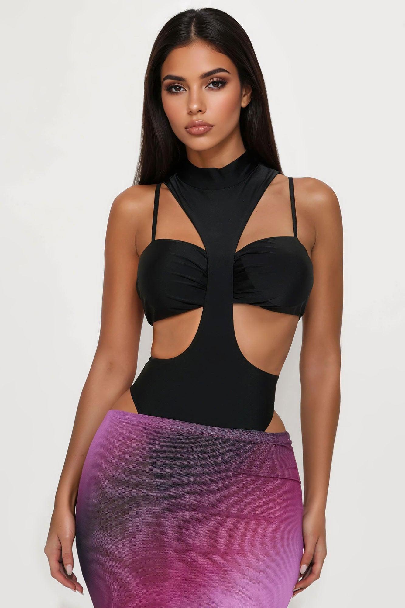 Erica Turtle Neck Cut Out Bodysuit - Black Product Image