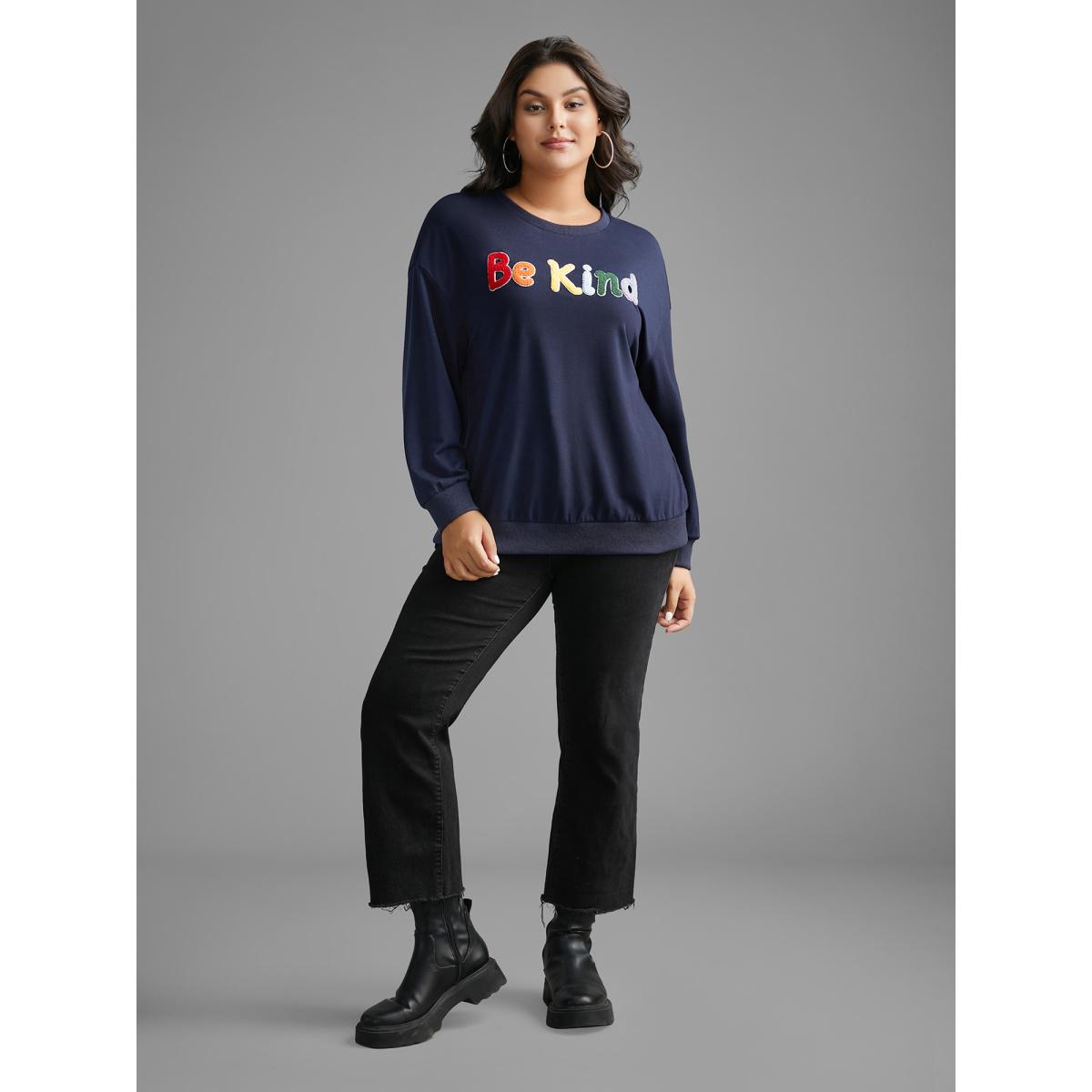 Plus Size Be Kind Towel Embroidered Sweatshirt Women Indigo Casual Embroidered Round Neck Everyday Sweatshirts BloomChic 10/M Product Image