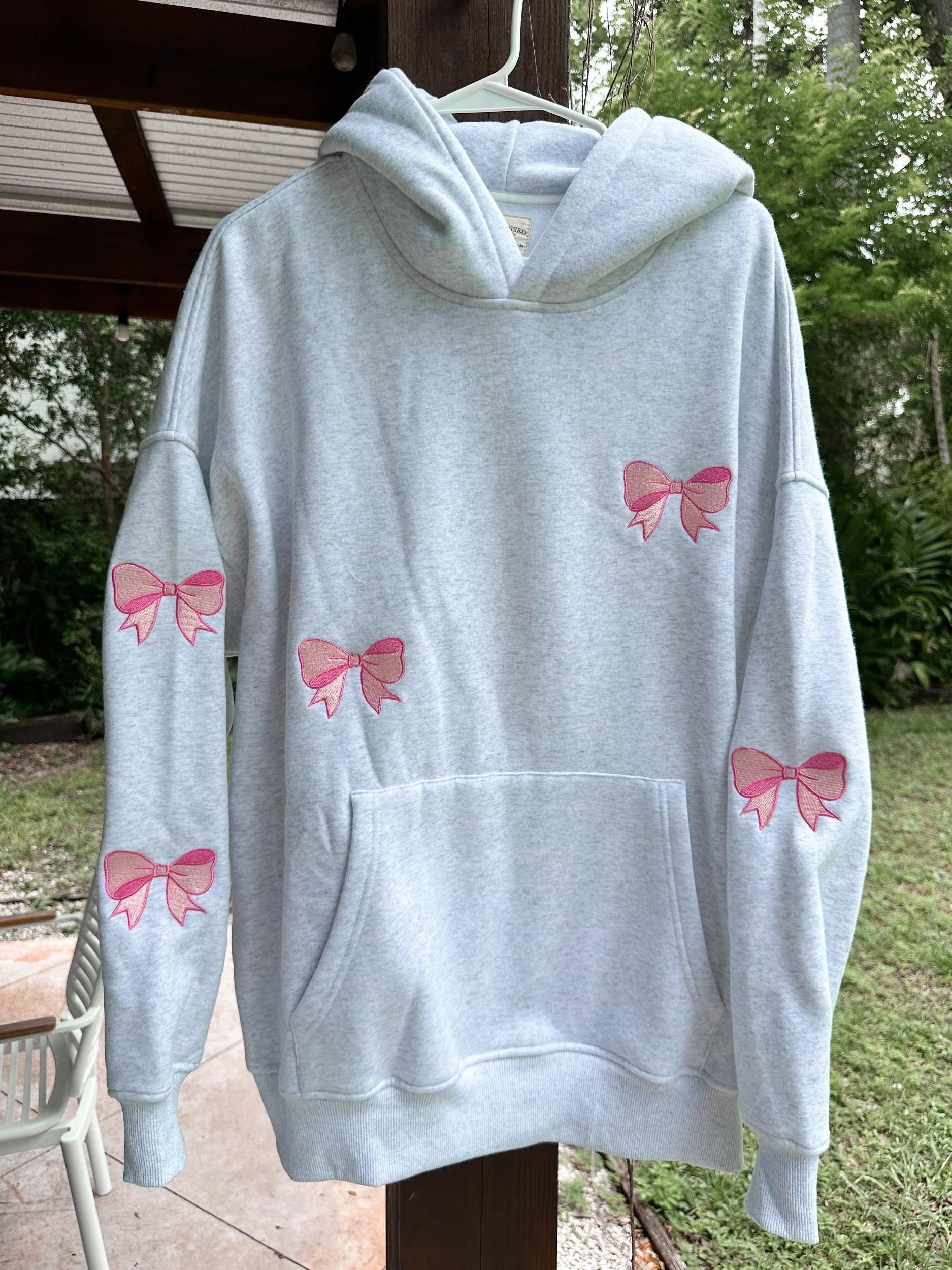 Pearl Grey Embroider Bow Hoodie Product Image