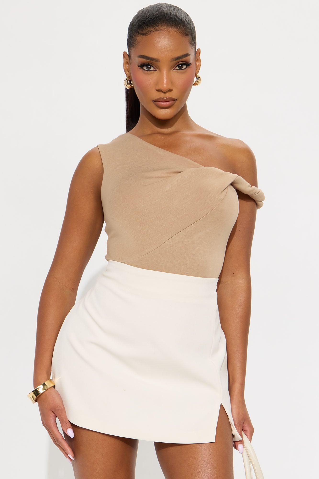 Midnight Views Twist Off Shoulder Bodysuit - Taupe Female Product Image