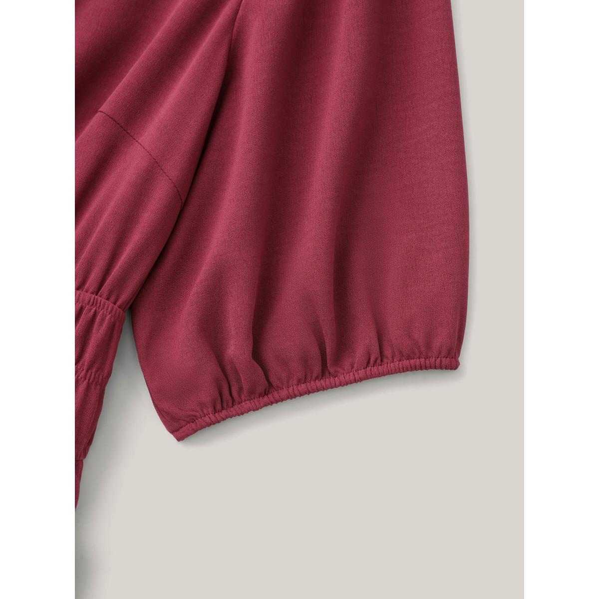 Plus Size Shirred Waist Split Neck Puff Sleeve Dress Burgundy Women At the Office Gathered Flat collar with V-notch Half Sleeve Curvy BloomChic 14-16/1X Product Image