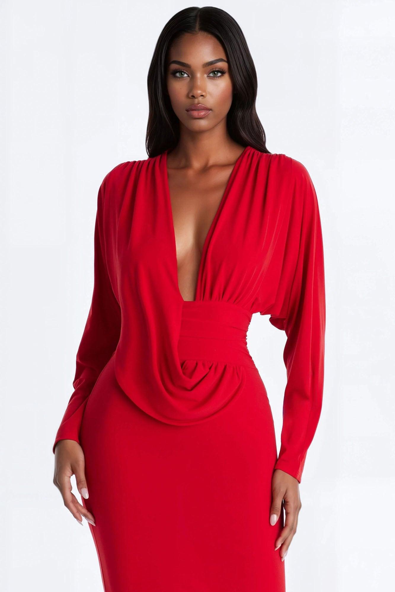 Kathleen Ruched Draped Maxi Dress - Red Female Product Image