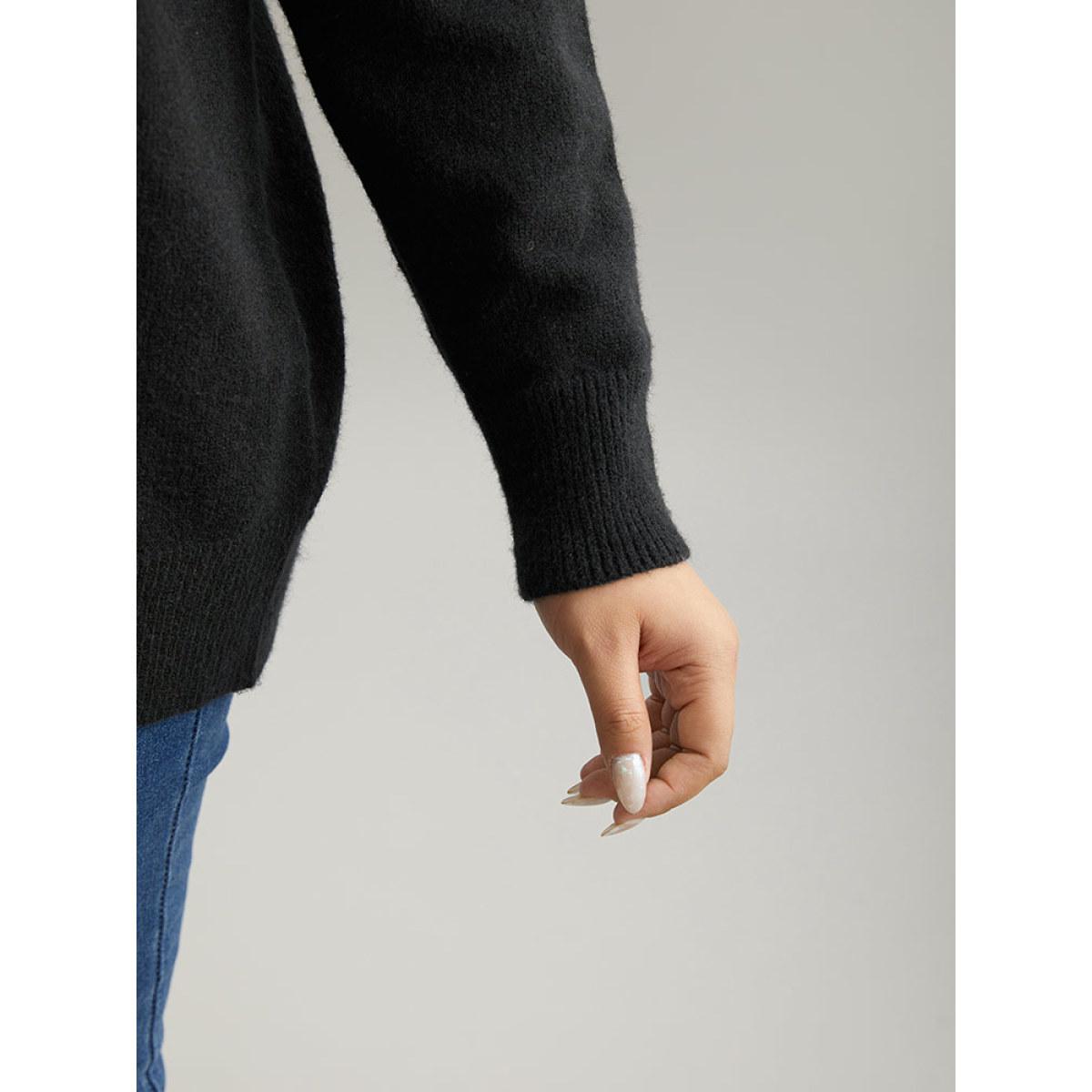 Plus Size Anti-Pilling Rhinestone Drop Shoulder Pullover Black Women Casual Loose Long Sleeve V-neck Dailywear Pullovers BloomChic 10/M Product Image