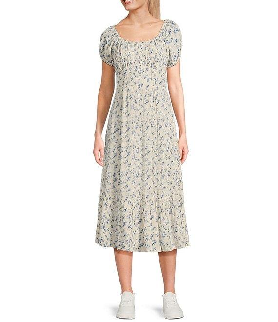 Angie Ditsy Print Scoop Neck Short Sleeve Emma Bodice Tiered Hem Midi Dress Product Image