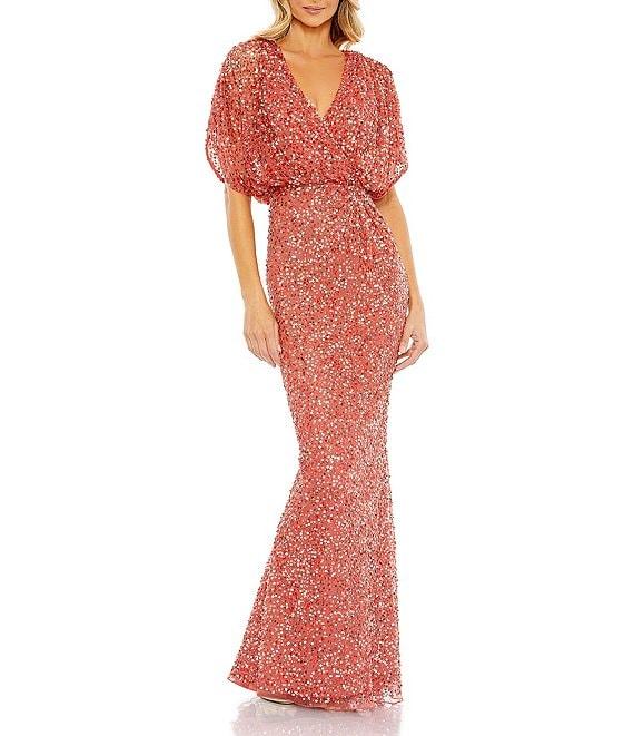 Mac Duggal Sequin Surplice V-Neck Draped 3/4 Sleeve Blouson Bodice Sheath Gown Product Image