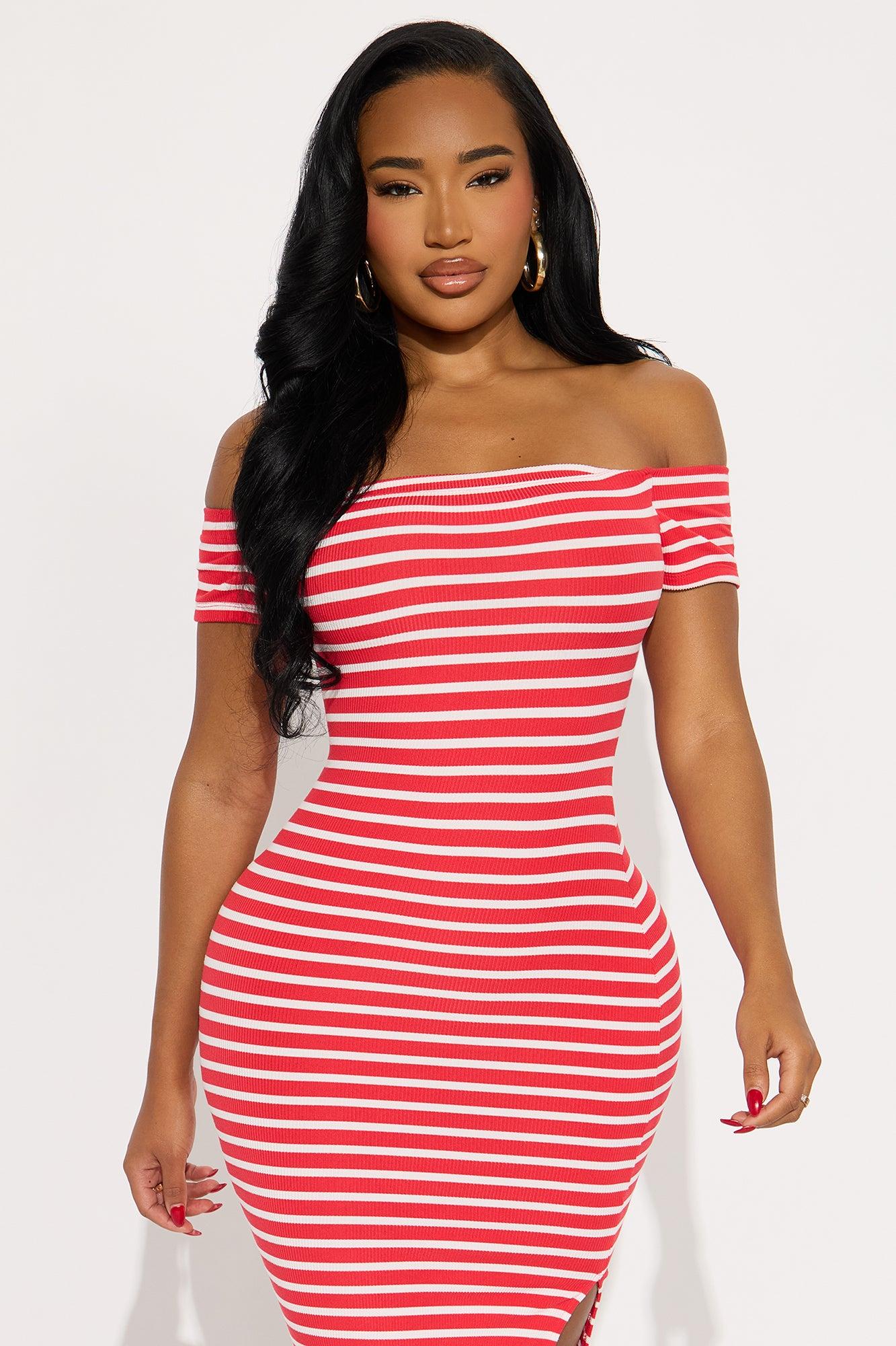 Mabel Ribbed Off The Shoulder Midi Dress - Red/White Product Image