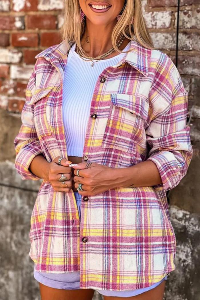 Red Plaid Print Rounded Hem Shirt Jacket Product Image