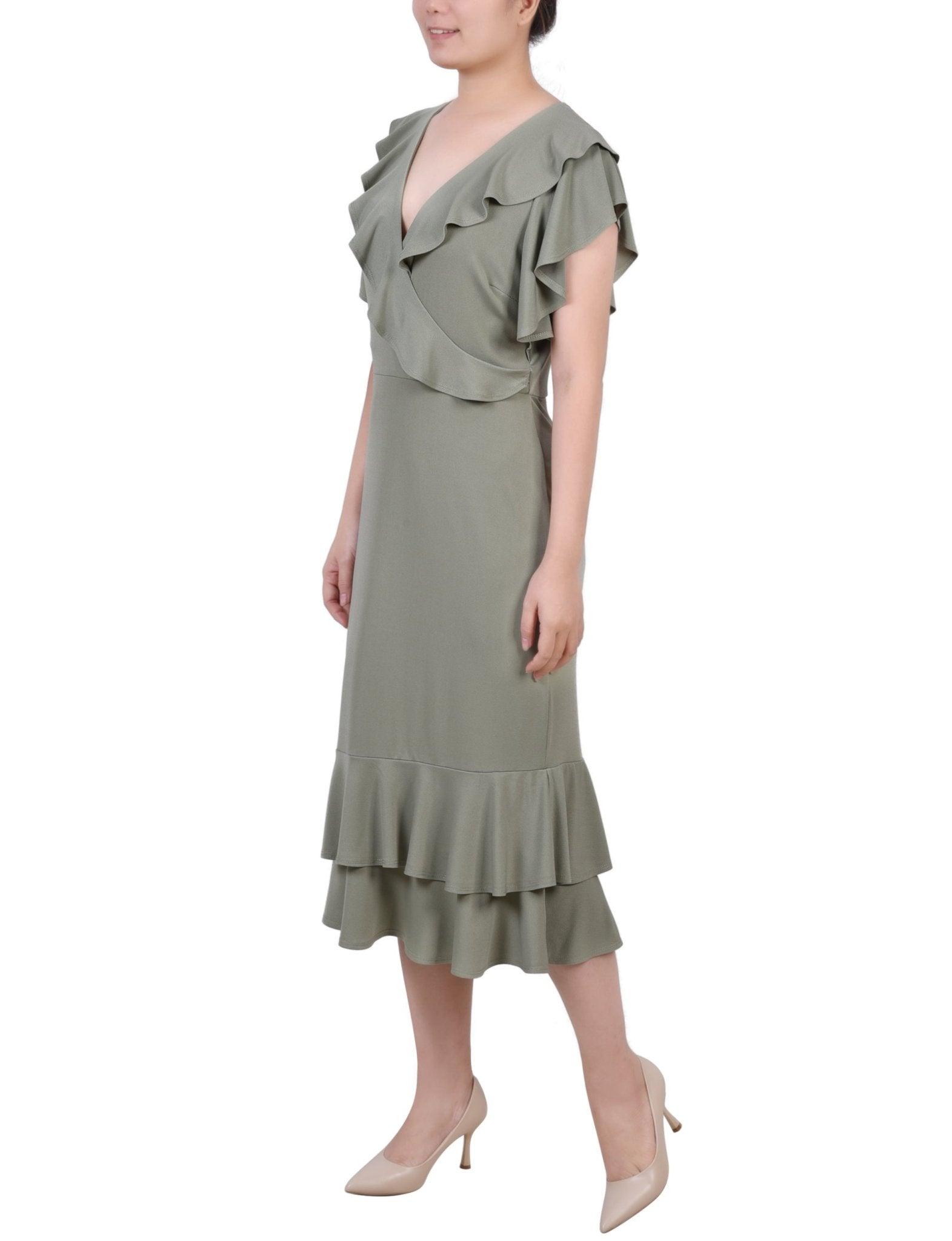 Oil Green Short flutter Sleeve Ruffle Neck Dress - Petite Product Image