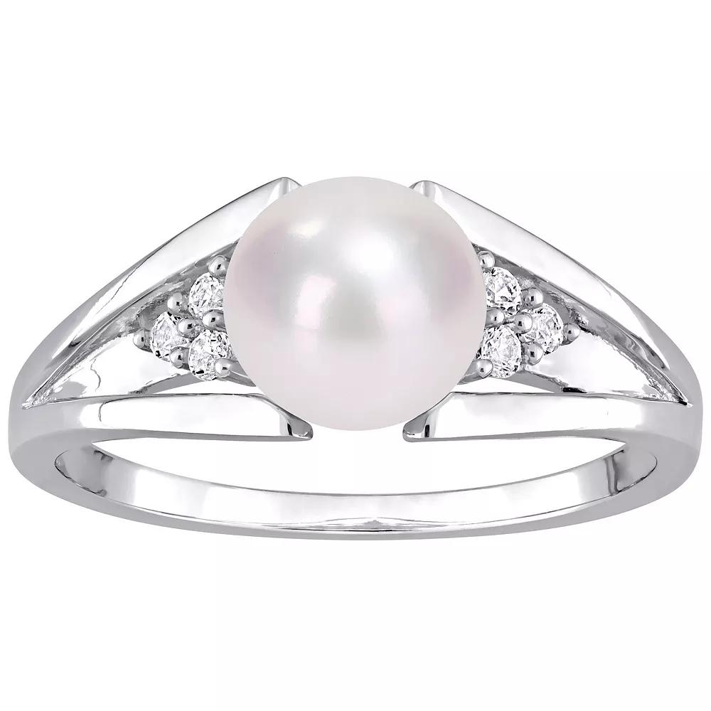 Stella Grace Sterling Silver Freshwater Cultured Pearl & Diamond Accent Split-Shank Ring, Womens Product Image
