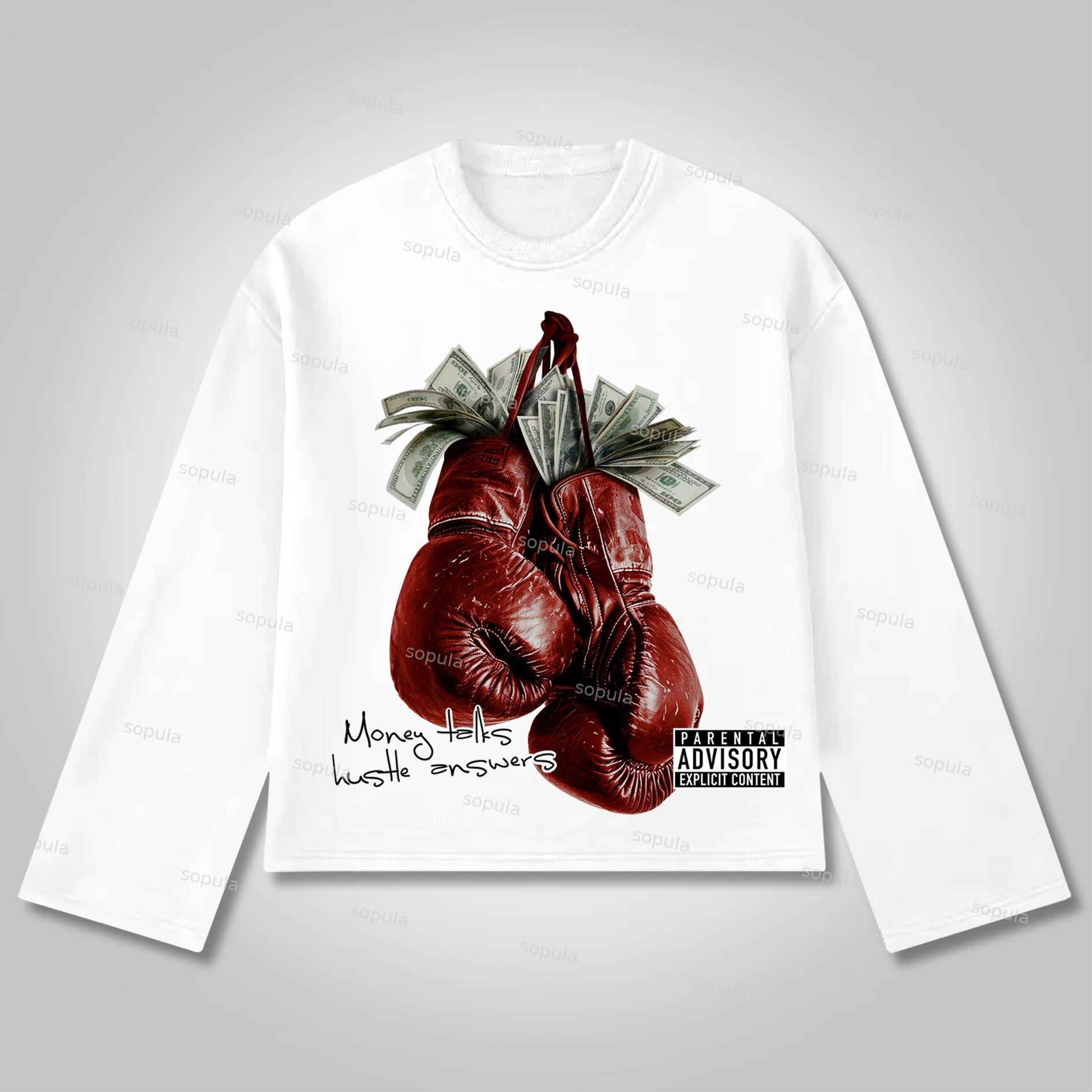 Sopula Money Boxing Gloves Printed Graphics Cotton Long Sleeve T-Shirt Product Image