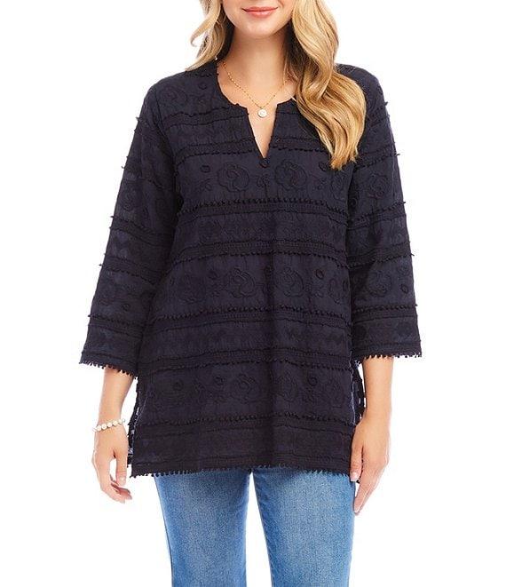 Karen Kane Embroidered Split-Neck 3/4 Flare Sleeve Tunic Product Image