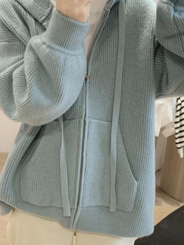Solid Hooded Zip Up Knit Cardigan Product Image