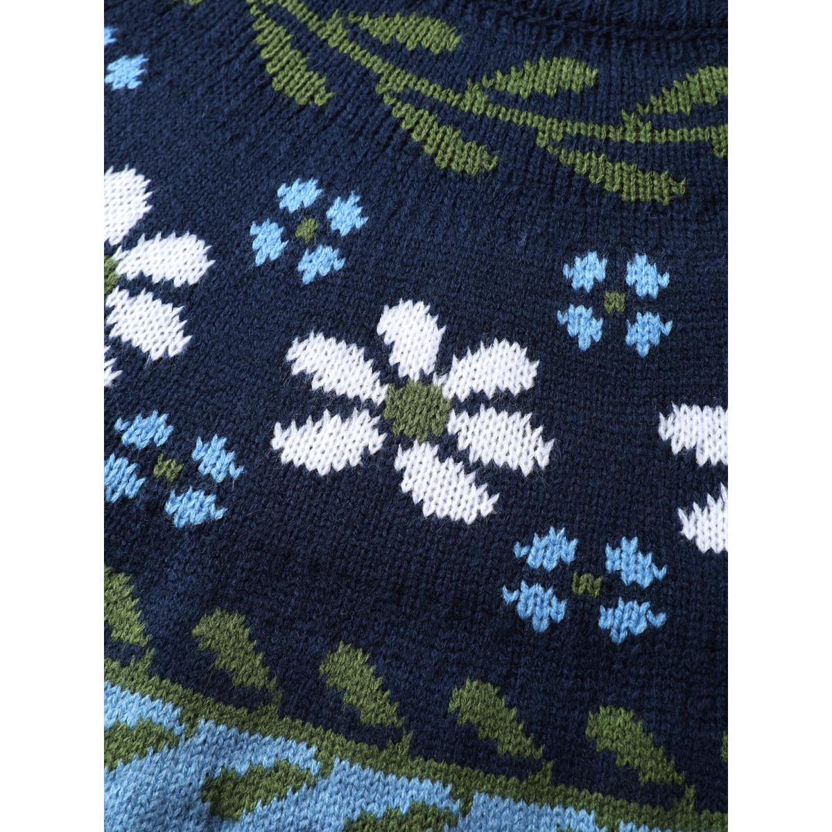 Plus Size Cable Knit Jacquard Floral Contrast Pullover LightBlue Women Playful Loose Long Sleeve Round Neck Casual Pullovers BloomChic 30/6X Product Image