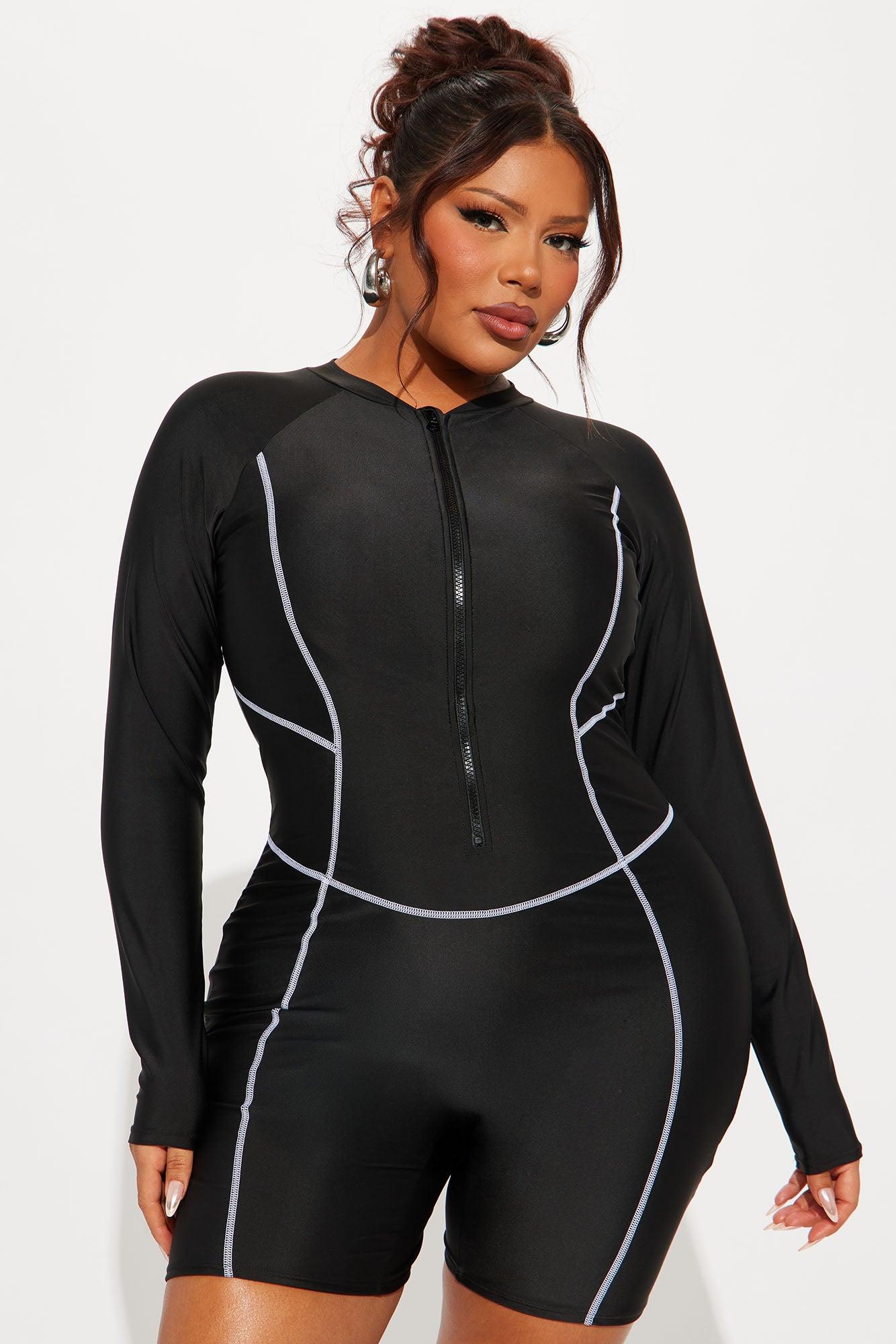 Lisa Long Sleeve Boyshort 1 Piece Swimsuit Rashguard - Black/White Product Image