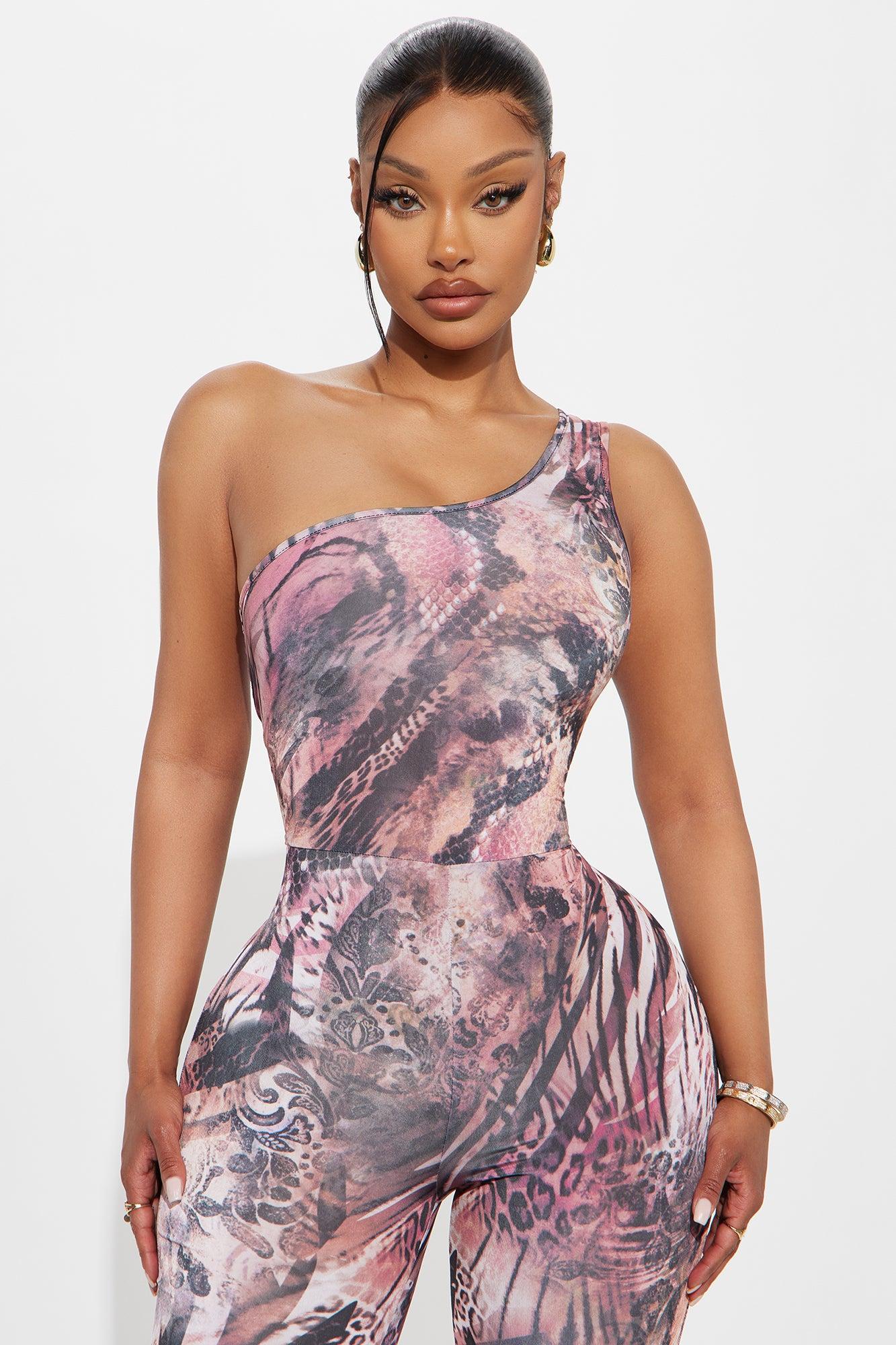 Made An Icon One Shoulder Flare Leg Jumpsuit - Mauve/combo Female Product Image
