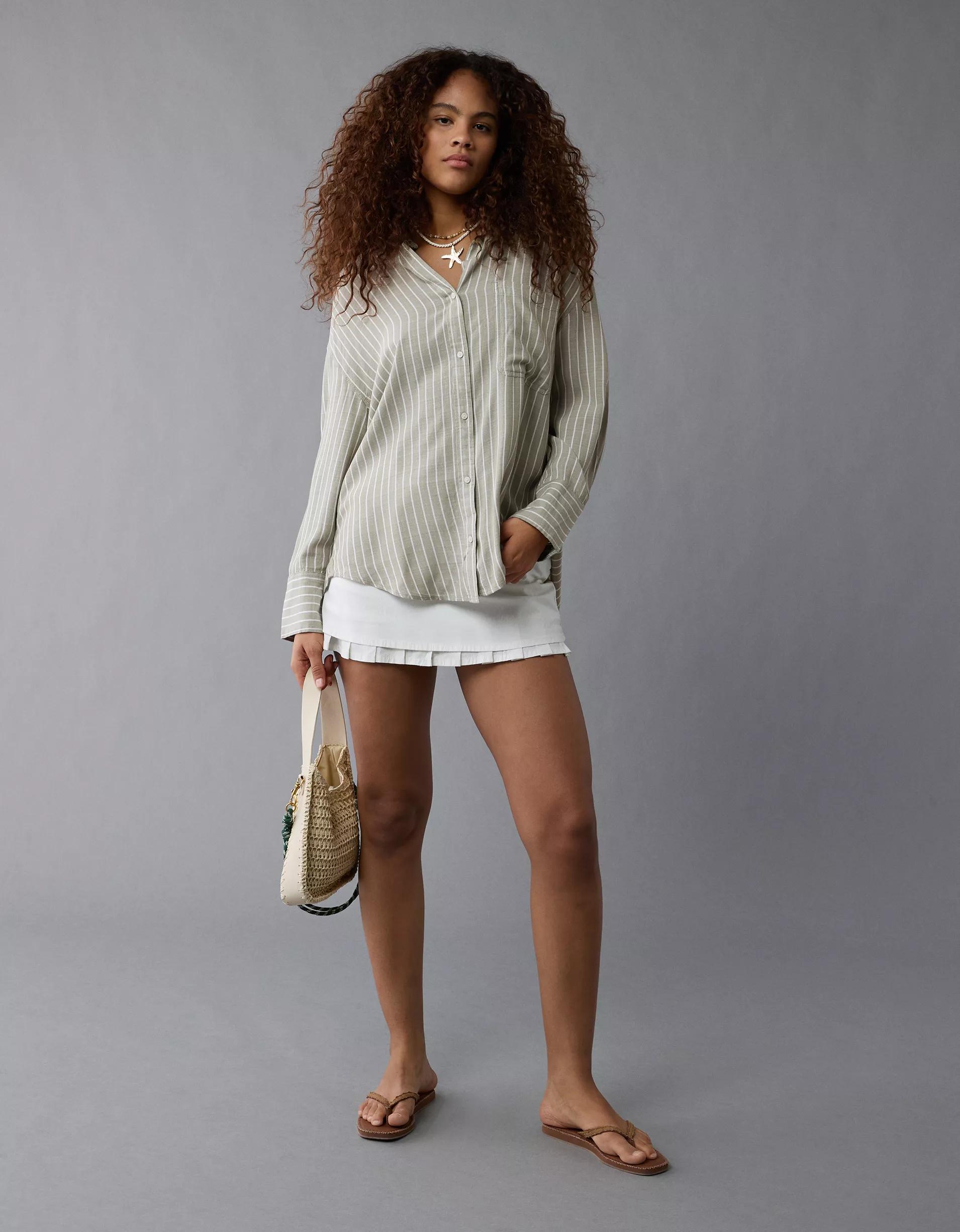 AE Long-Sleeve Tie Back Button-Up Shirt Product Image