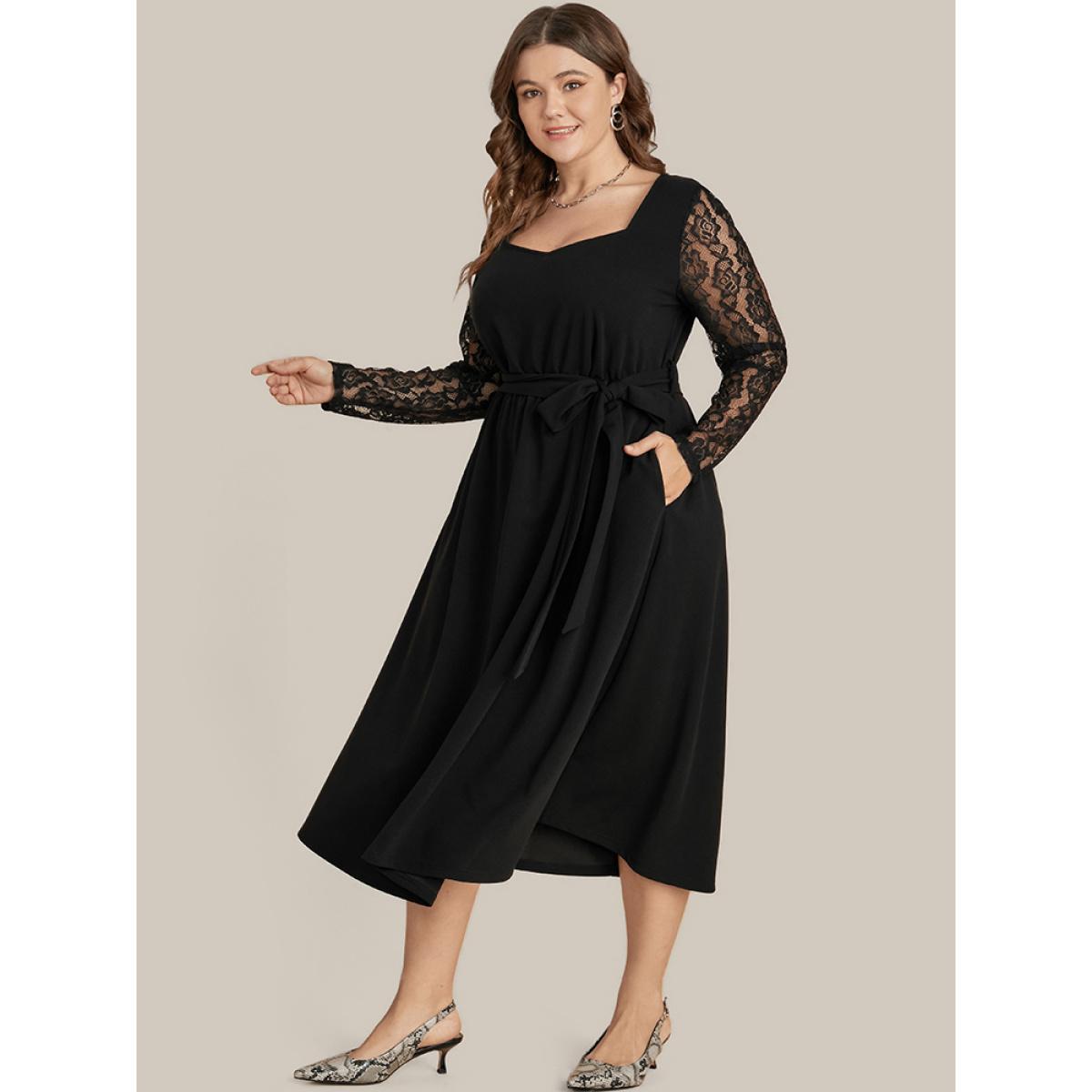 Plus Size Solid Pocket Lace Belted Flutter Dress Black Women Elegant Cut-Out V-neck Long Sleeve Curvy Midi Dress BloomChic 14-16/1X Product Image
