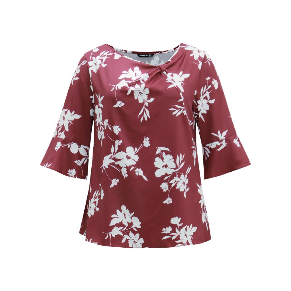 Plus Size Scarlet Silhouette Floral Print Ruffle Sleeve Twist Front Blouse Women Elegant Elbow-length sleeve Round Neck Party Blouses BloomChic 28/5X Product Image