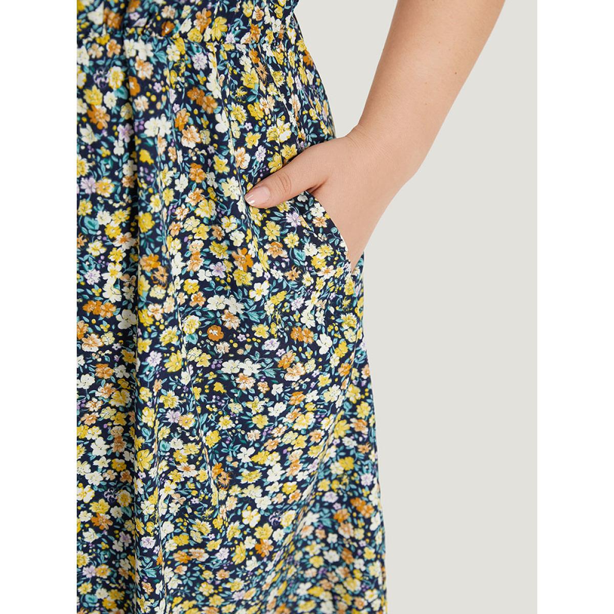 Plus Size Ditsy Floral V Neck Pocket Gathered Sleeveless Dress Indigo Women Elegant Cross straps V-neck Sleeveless Curvy Midi Dress BloomChic 14-16/1X Product Image