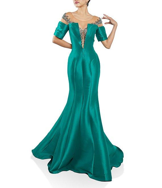 Terani Couture Illusion Off Shoulder Stretch Mikado Mermaid Gown Product Image